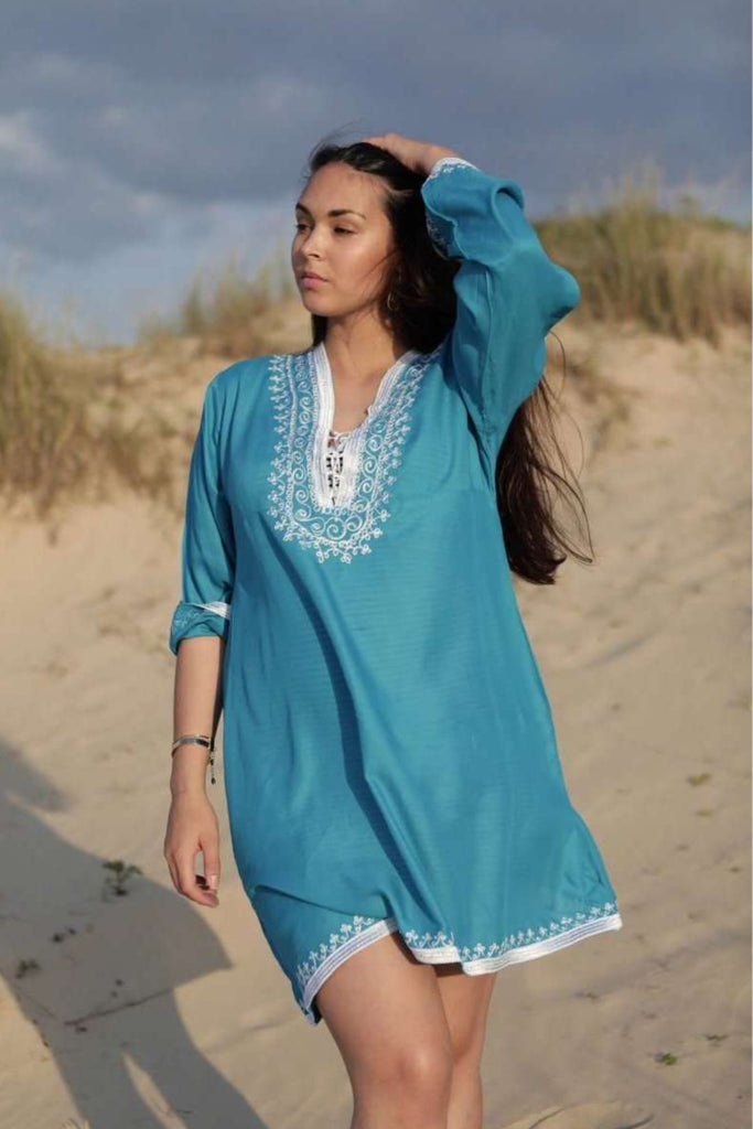 Turquoise Blue & White Embroidery Nadia Tunic Dress - Moroccan Tunic