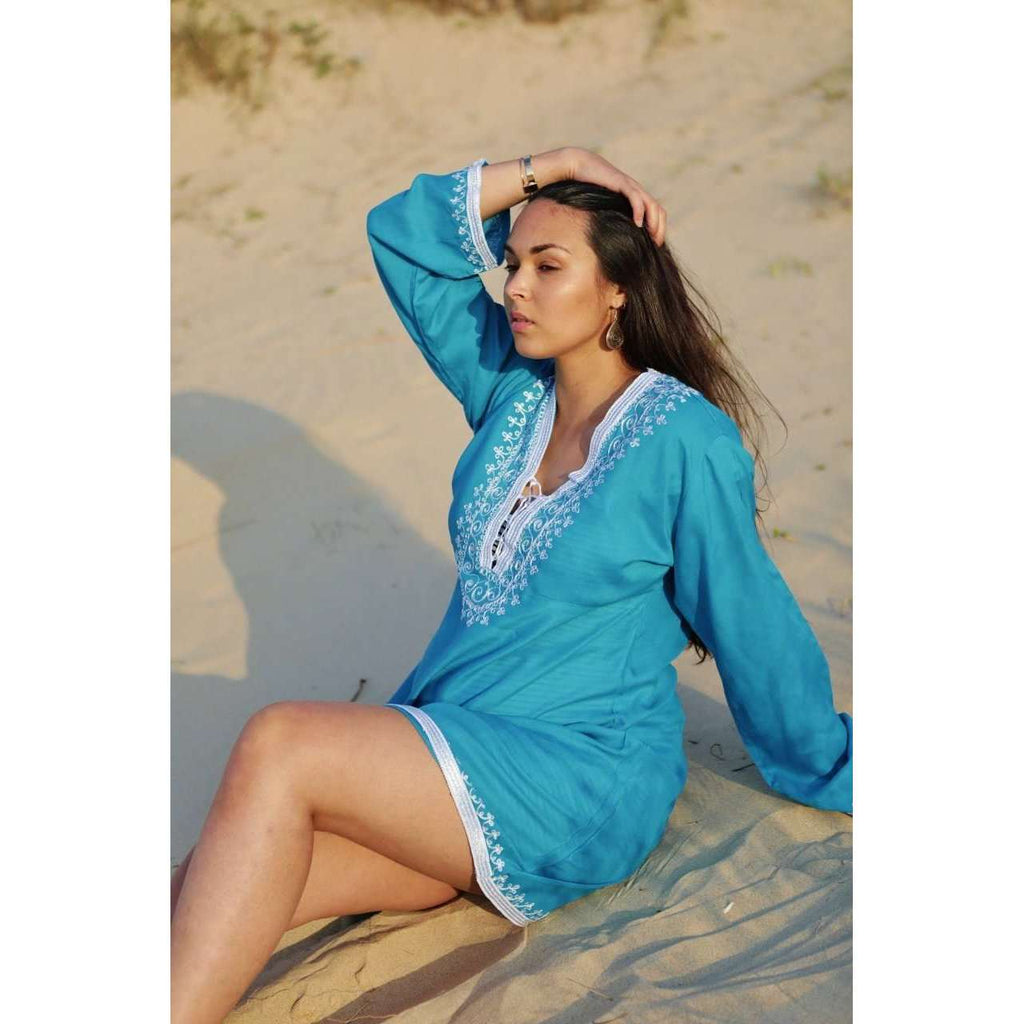Turquoise Blue & White Embroidery Nadia Tunic Dress - Moroccan Tunic - Maison De Marrakech
