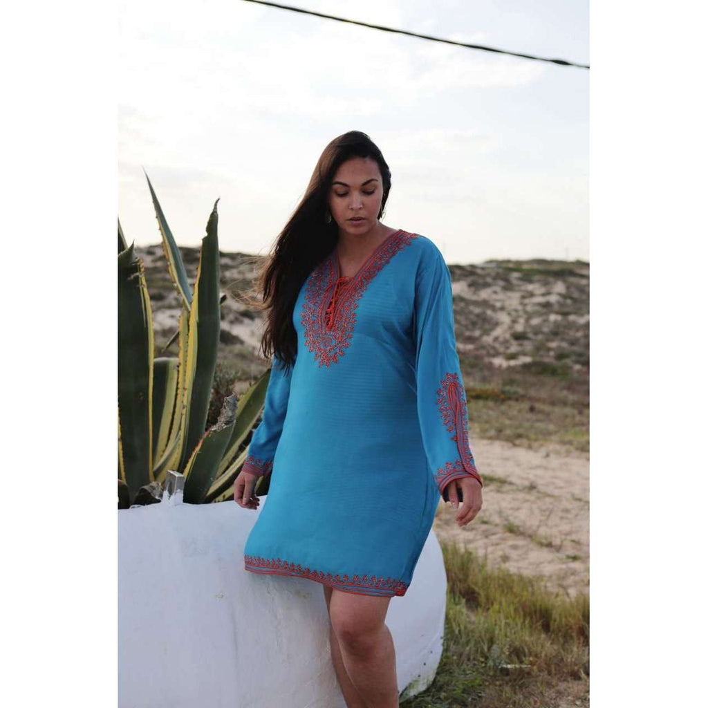Turquoise Blue & Orange Embroidery Nadia Tunic Dress - Moroccan Tunic - Maison De Marrakech