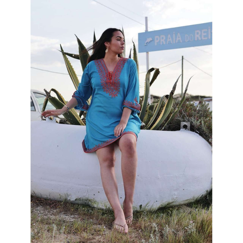 Turquoise Blue & Orange Embroidery Nadia Tunic Dress - Moroccan Tunic - Maison De Marrakech