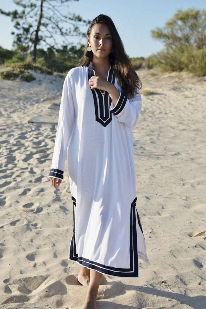 White Navy Blue Mariam Kaftan Caftan Dress-Moroccan Kaftan - Maison De Marrakech