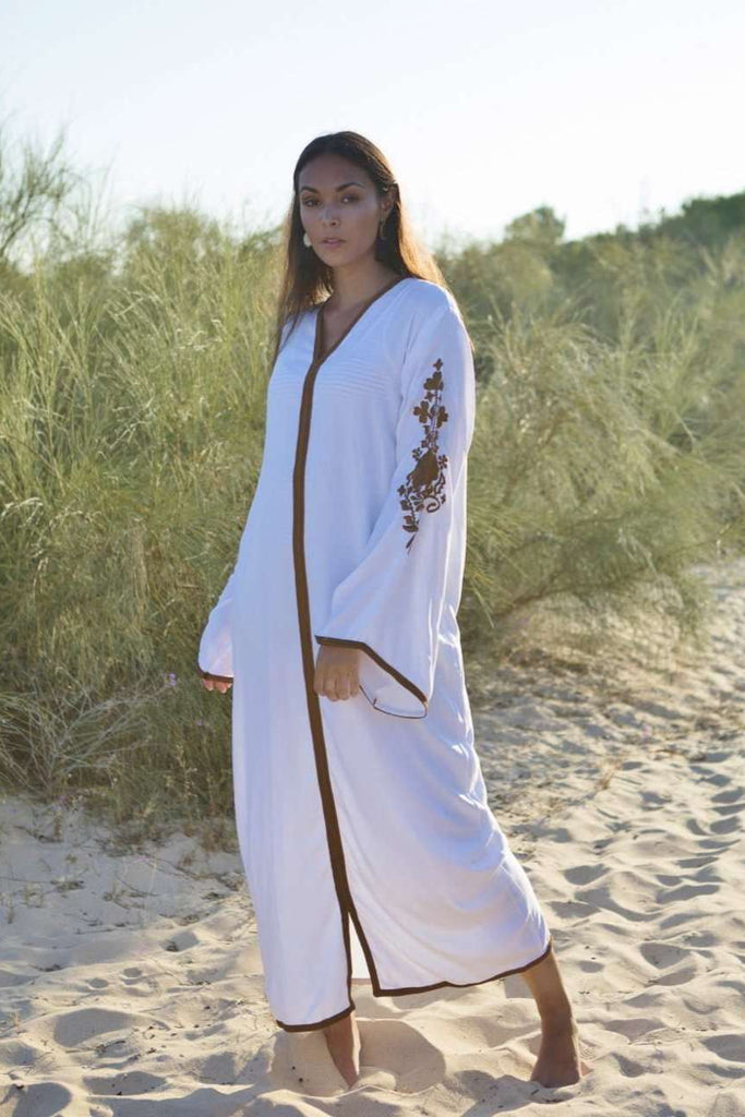 White Beige Floral Moroccan Embroidery Rose Kaftan-Moroccan Kaftan - Maison De Marrakech