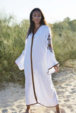 White Beige Floral Moroccan Embroidery Rose Kaftan-Moroccan Kaftan - Maison De Marrakech