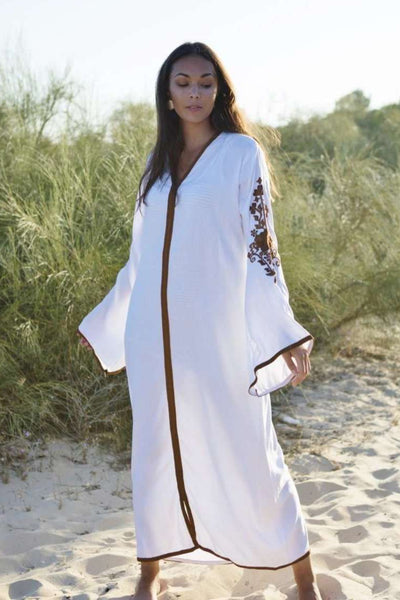 White Beige Floral Moroccan Embroidery Rose Kaftan-Moroccan Kaftan - Maison De Marrakech